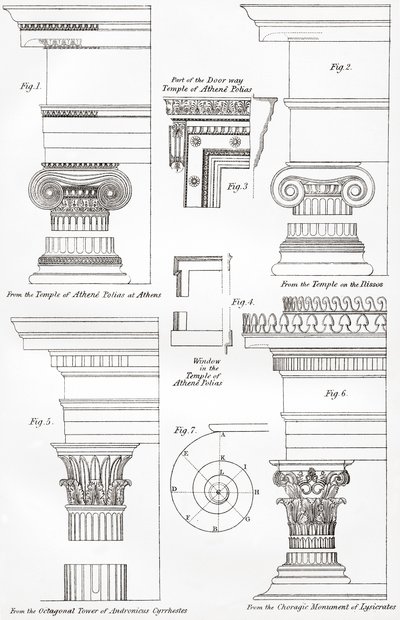 Examples of Ionic and Corinthian orders in Greek architecture, from The National Encyclopaedia, published c.1890 by Unbekannt Unbekannt